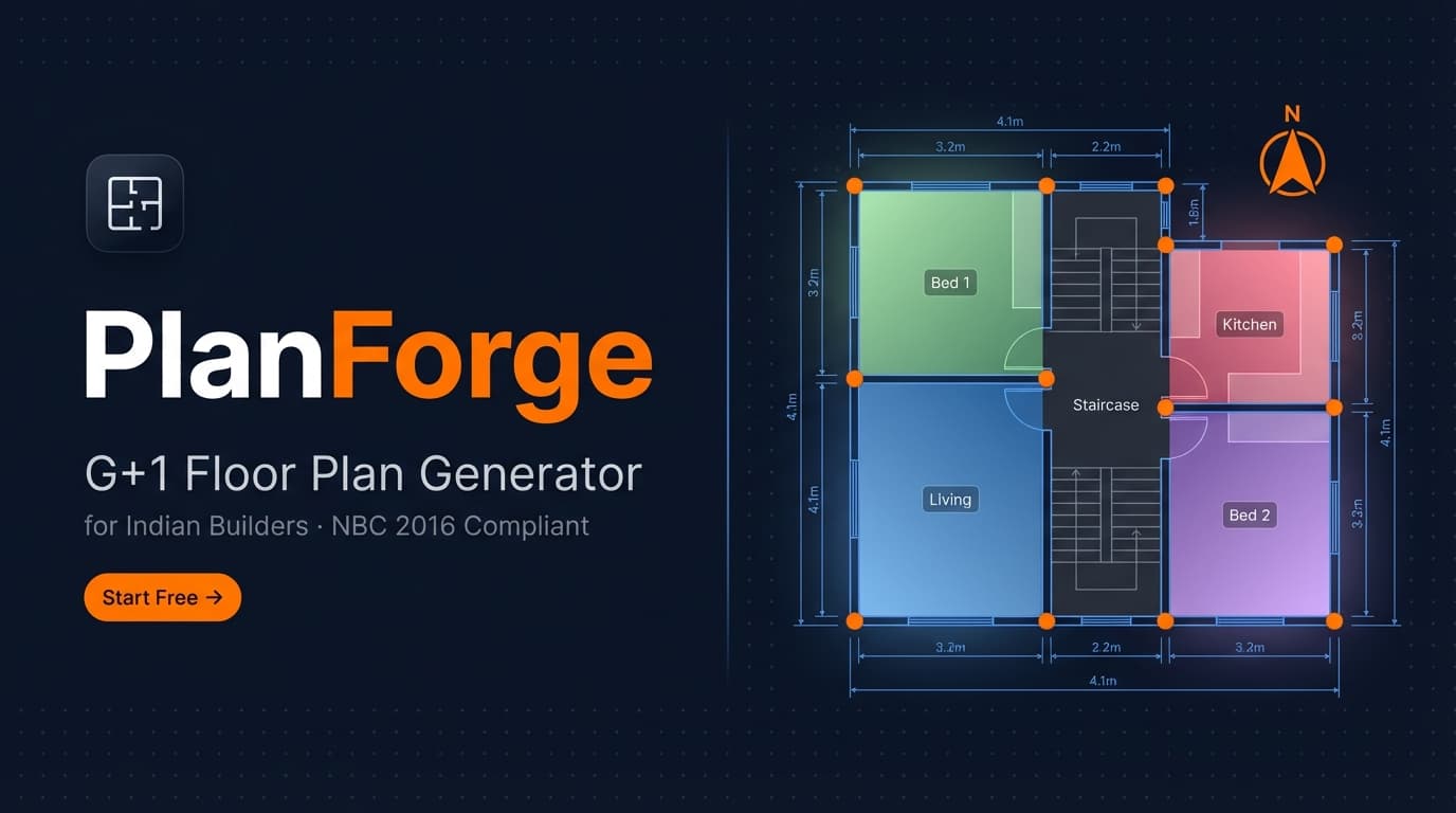 NBC-compliant G+1 floor plan with colour-coded rooms, dimension lines and north arrow